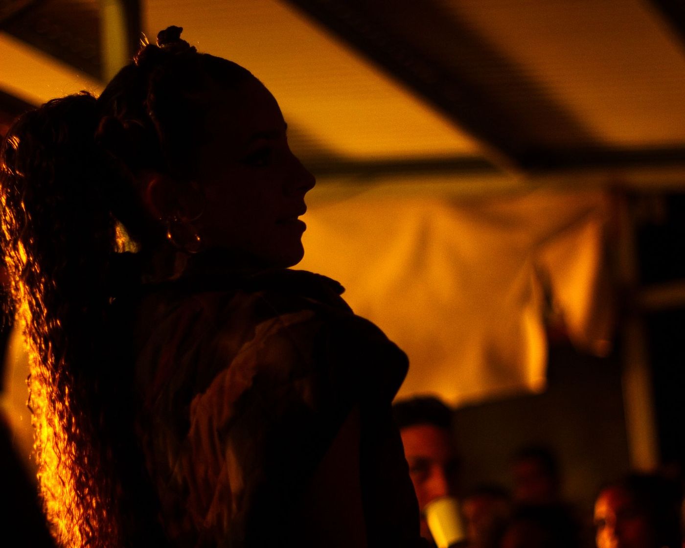 Woman with braids in profile in amber light
