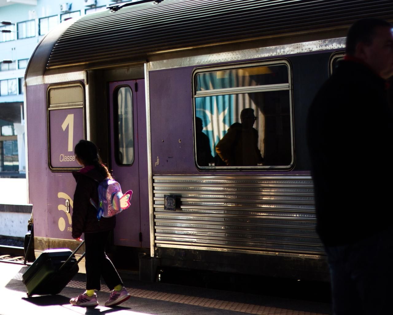 Woman with a suitcase boarding a purple train
